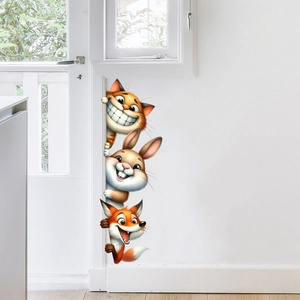 Cute peeping cat rabbit and fox wall decals placed on white room corner walls