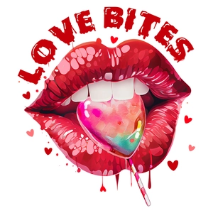 Detail of LOVE BITES illustration featuring red lips and a rainbow heart lollipop sticker