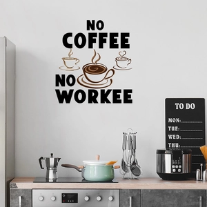 Detail of NO COFFEE NO WORKEE wall decal with three coffee cup icons in a modern kitchen
