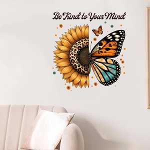 Adesivo murale con girasole e farfalla e scritta Be Kind to Your Mind per la casa