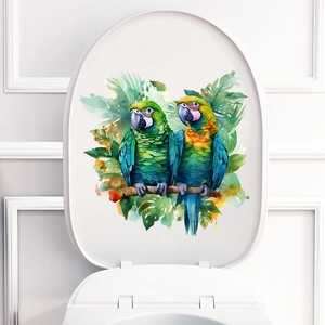 Watercolor parrots and tropical leaves waterproof sticker on a white toilet lid