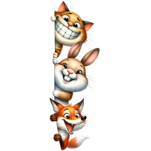 Detailed view of 3D cartoon cat, rabbit and fox wall stickers peeking from the side