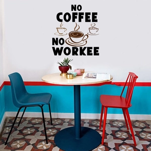 Detail of No Coffee No Workee black vinyl wall decal with coffee cup icons for office decor