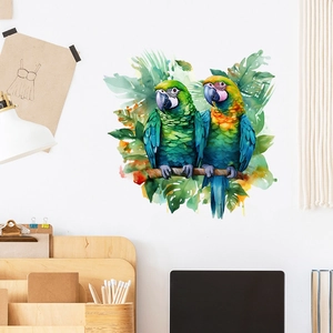 Tropical parrots and leaves wall sticker in a cozy home office setting with desk