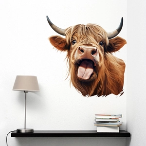 Funny highland cow wall sticker showing a playful expression on a clean white bathroom wall
