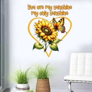 Waterproof sunflower heart wall decal with You Are My Sunshine quote and butterfly