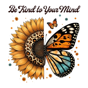Adesivo murale con girasole, farfalla e citazione motivazionale Be Kind to Your Mind