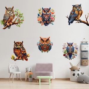 Stickers Muraux Hibou Coloré sur Branche d'Arbre Décalcomanie Amovible en PVC Animaux Fleurs pour Chambre d'Enfant Salon