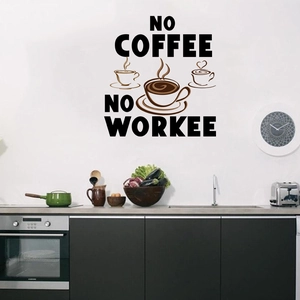 Detail of No Coffee No Workee wall sticker with hand-drawn cups on a kitchen wall