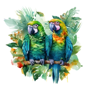 Artistic watercolor macaw parrot wall sticker with tropical leaves and vibrant colors