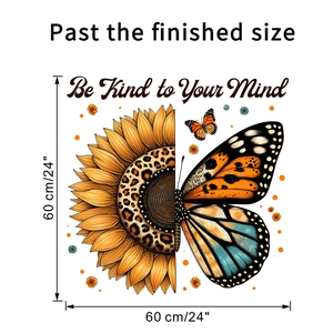 Dettaglio dell'adesivo murale farfalla girasole con testo Be Kind to Your Mind in nero