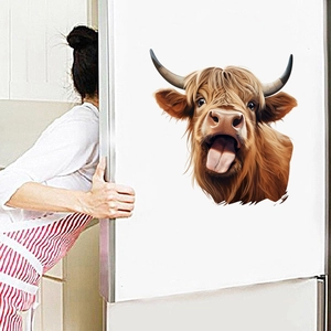 Whimsical Highland Cow vinyl decal for fridge and wall decor with funny licking expression