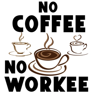 Detail of coffee beans and cups wall sticker with 'No Coffee No Workee' typography