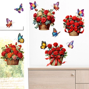 Floral wall stickers featuring red rose baskets and colorful butterflies on white wall