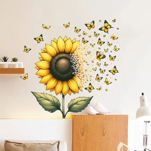 Vibrant sunflower and yellow butterfly self-adhesive waterproof PVC wall stickers for home decor