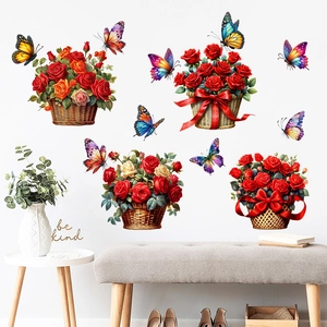 Removable Rose Flower Basket And Butterfly Wall Stickers PVC Waterproof Decorative Decals For Home Living Room Bedroom