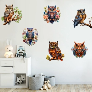 Lot de 6 stickers muraux hiboux colorés pour décoration murale de salon et chambre
