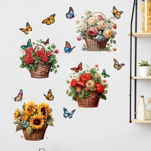 Sticker Mural Tournesol Papillon Panier de Roses PVC Imperméable Amovible Mural Décoratif Pour Salon Chambre à Coucher Maison