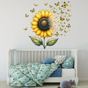Detail of sunflower and butterfly wall stickers in a cozy bedroom nursery setting