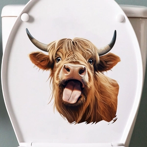 Detailed realistic Highland Cow toilet seat sticker with brown fur texture on white background