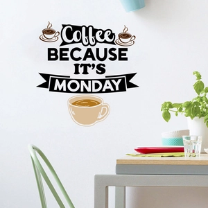 Detail view of coffee themed wall decal with slogan on a modern minimalist white wall