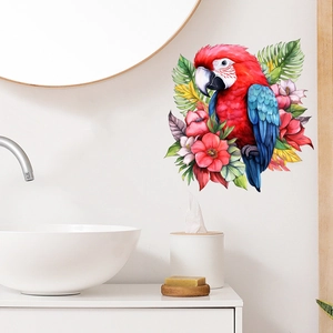 Waterproof parrot and tropical flower wall sticker in a modern bathroom scene decor