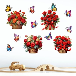 Waterproof wall stickers with butterfly and rose flower basket for living room decor