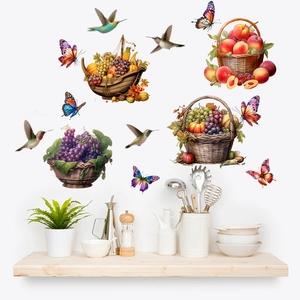Birds Butterflies Fruit Baskets Wall Stickers PVC Waterproof Self Adhesive Mural For Living Room Kitchen Home Decoration