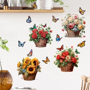 Stickers muraux avec paniers de fleurs et papillons pour décoration de salon et chambre