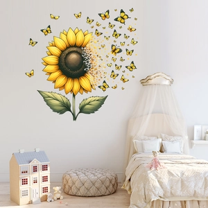 Detail of sunflower and butterflies wall sticker in a cozy nursery room setting