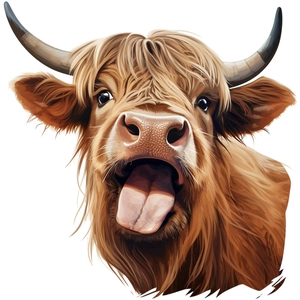 Detailed Highland Cow wall sticker with funny sticking out tongue and long horns design