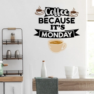Detail of coffee vinyl wall decal with text Coffee BECAUSE IT'S MONDAY in a kitchen