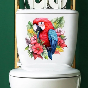 Vibrant parrot and tropical hibiscus flower waterproof sticker on a toilet tank