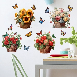 Stickers muraux panier de fleurs aquarelle avec tournesols et papillons déco maison