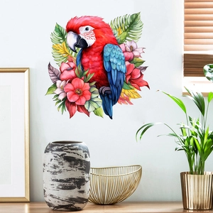 Detailed view of parrot wall sticker with tropical flowers and palm leaves in white room