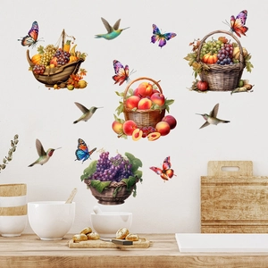 Kitchen wall stickers featuring vibrant fruit baskets, colorful birds and butterflies