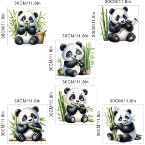 Detail view of 6 cartoon panda wall stickers with bamboo, each measuring 30cm square