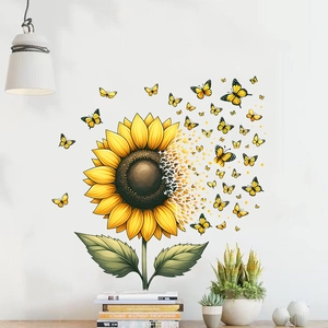 Waterproof self-adhesive sunflower wall sticker with yellow butterflies for home decor