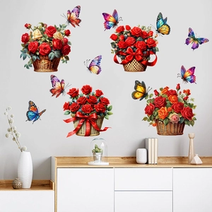 Detail of waterproof rose flower basket wall stickers with colorful butterflies for home decor