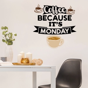 Detail of Coffee theme wall stickers featuring artistic lettering and cup designs