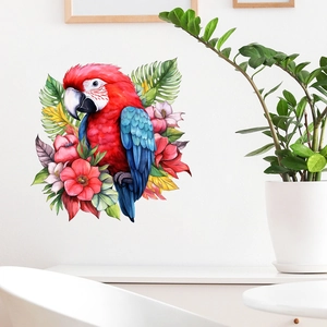 Macro detail showing vibrant scarlet macaw with tropical hibiscus flower wall sticker