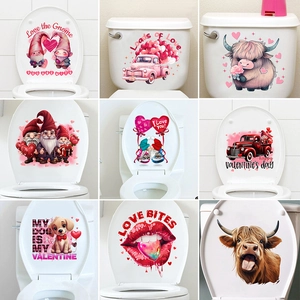 Valentine's Day Toilet Lid Sticker Waterproof PVC Decal Romantic Gnome Highland Cow Truck Heart Bathroom Decor Mural