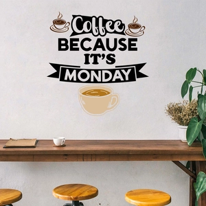 Detail of coffee theme wall decal with Coffee Because It's Monday text in a modern kitchen