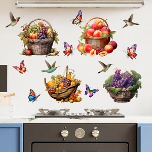 Vibrant birds, butterflies and fruit basket self-adhesive waterproof wall stickers for kitchen
