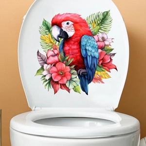 Detail of waterproof parrot and floral sticker applied on a white toilet lid surface