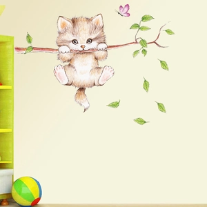 Cartoon cat on branch wall sticker for kindergarten room decoration with pink butterflies