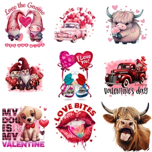 Valentine's Day wall stickers set with gnome, truck, heart balloons, and highland cow