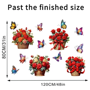 Detail showing dimension and finished size of floral rose wall stickers with colorful butterflies