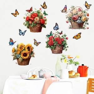 Stickers muraux autocollants avec paniers de tournesols et roses et papillons colorés