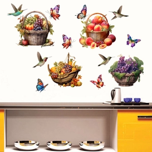 Detail of waterproof wall stickers featuring fruit baskets, butterflies, and hummingbirds